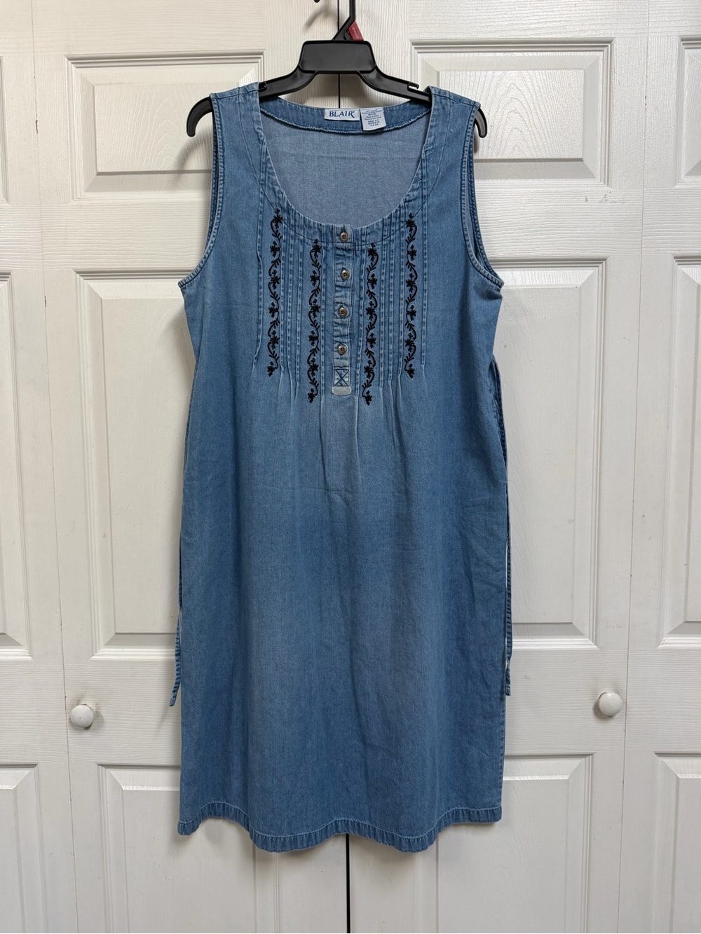 Blair Light Blue Denim Midi Dress with Black Embroidery